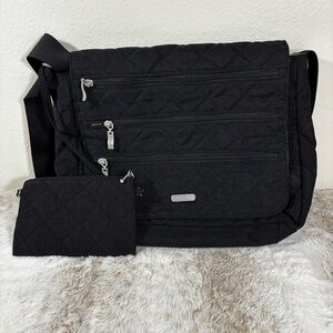Baggallini Black Quilted Crossbody Messenger Bag with Matching Pouch